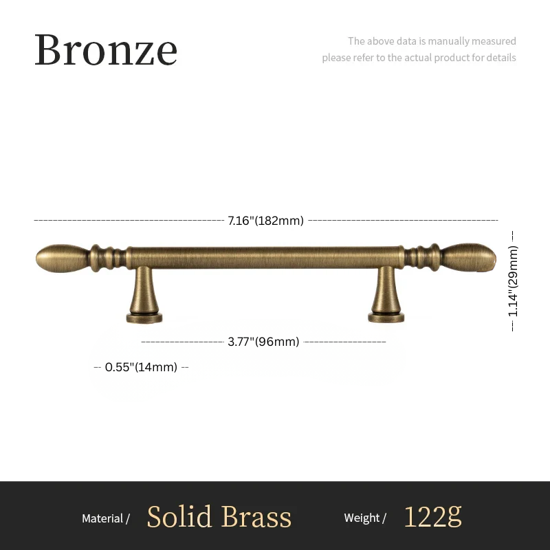 Bronze cabinet handle with dimensions and material details on a white background