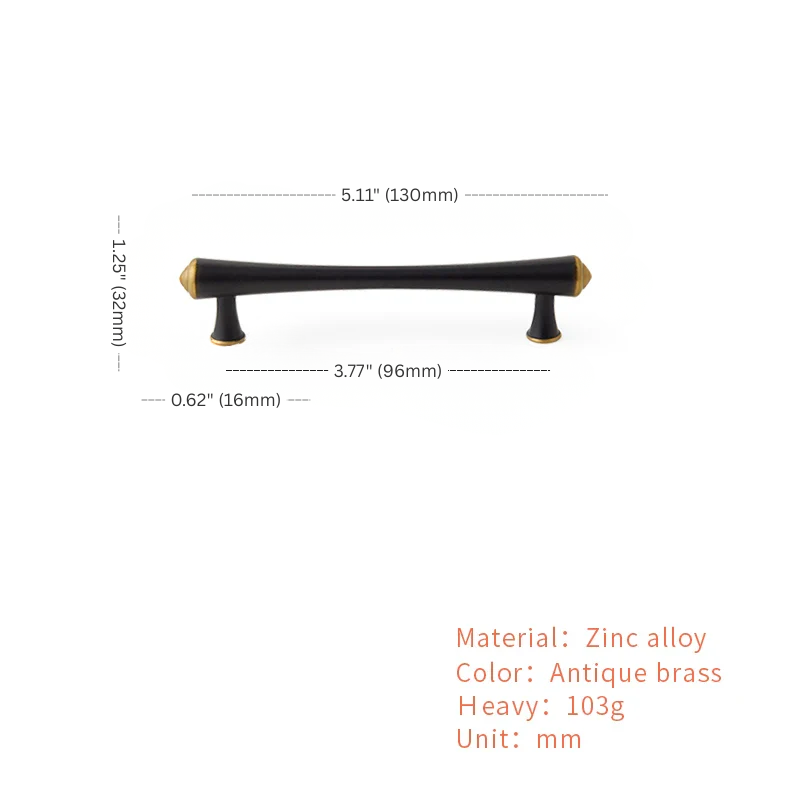 Black cabinet handle with measurements and material details on a white background