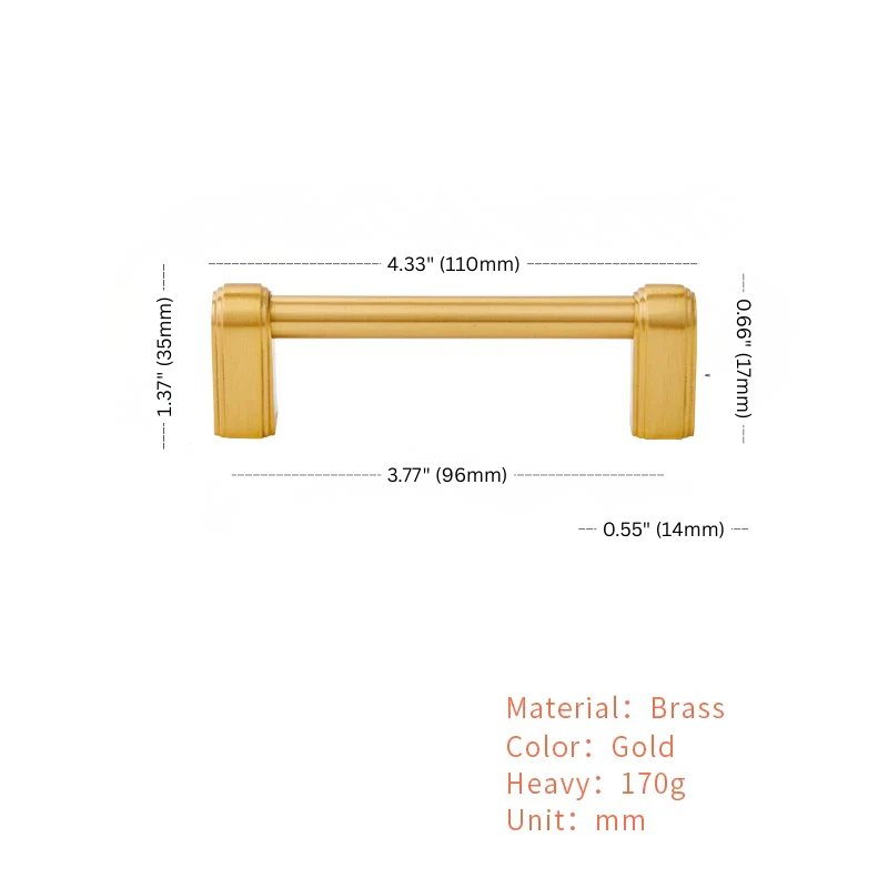Gold cabinet handle with dimensions and material details on a white background