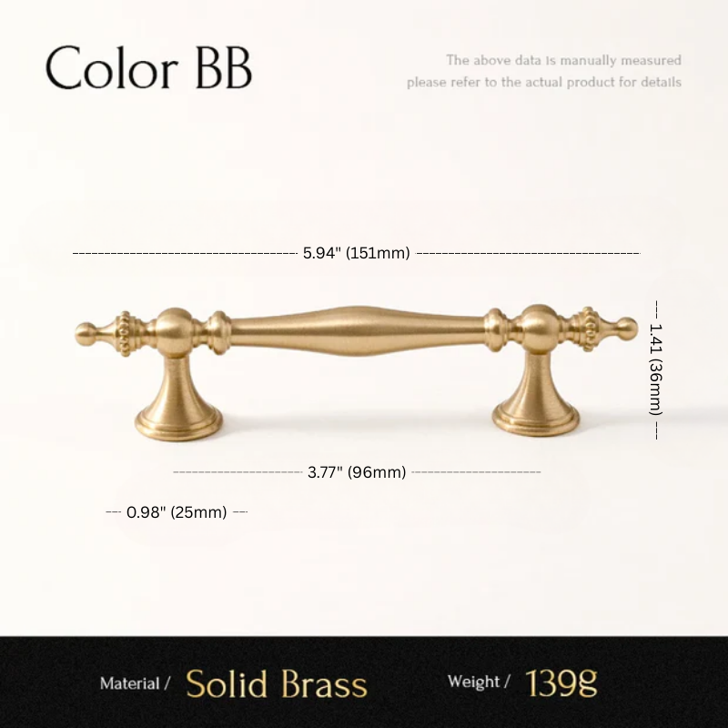 Gold cabinet handle with measurements on a white background