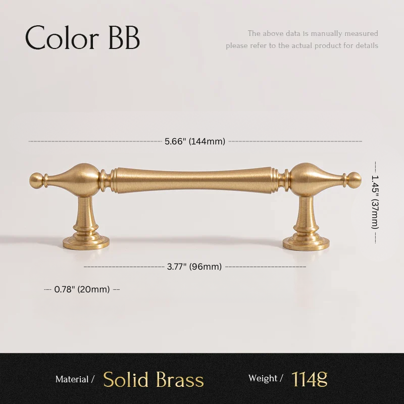 Solid brass cabinet handle with dimensions and material details on a light gray background