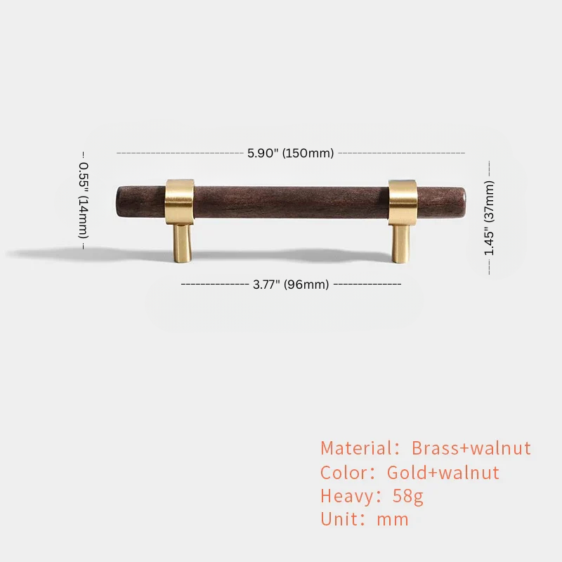 Wooden drawer pull with brass hardware and measurements on a white background
