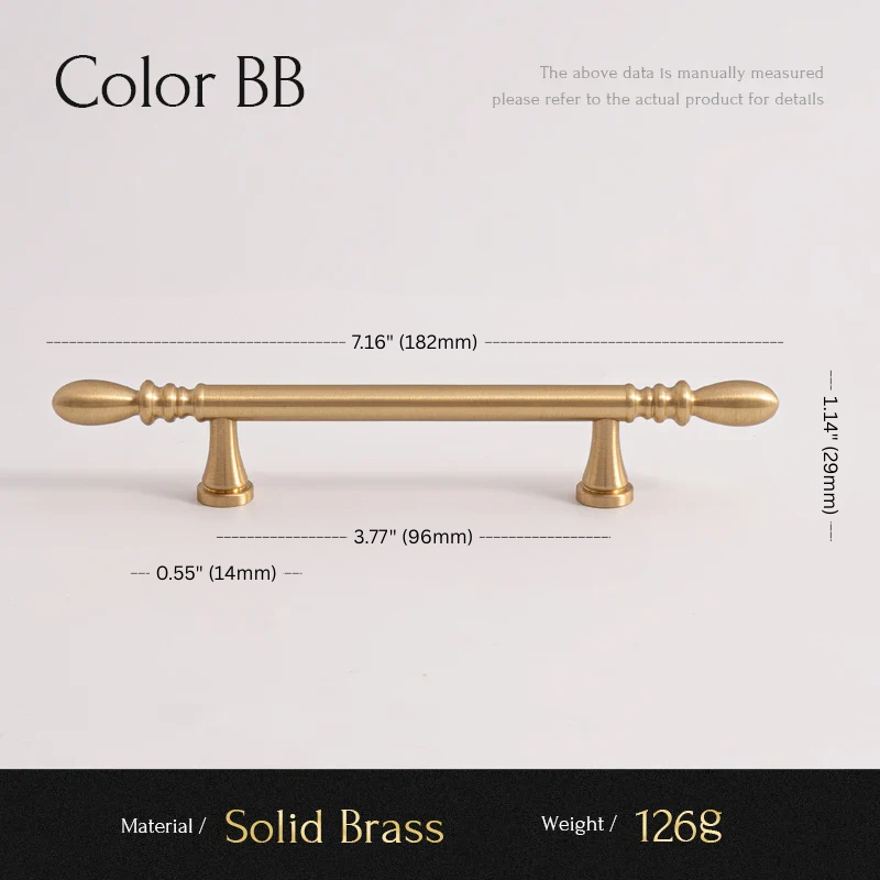 Gold cabinet handle with measurements on a white background