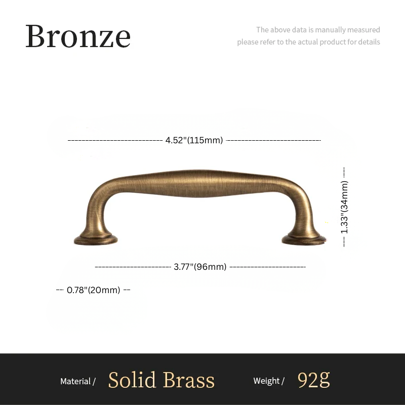 Bronze cabinet handle with dimensions and material details on a white background