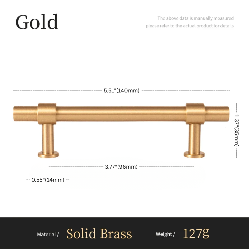 Gold cabinet handle with dimensions and material details on a white background
