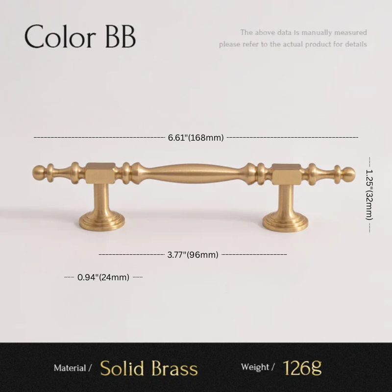 Gold cabinet handle with measurements on a white background