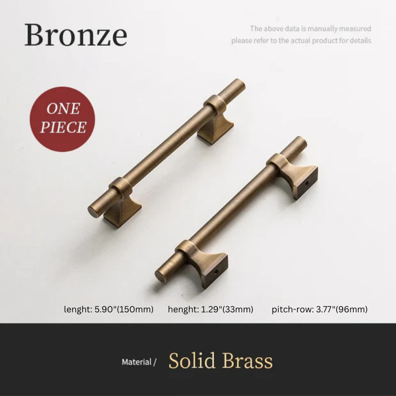 Two bronze cabinet handles on a white background with text indicating material and measurements.