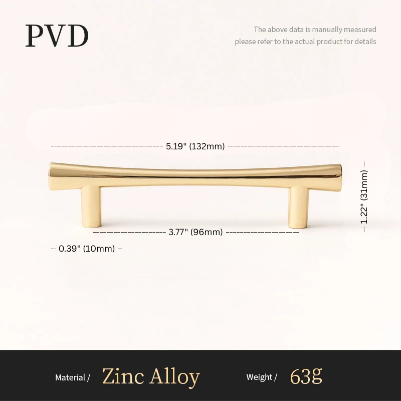 Gold cabinet handle with dimensions and material details on a white background