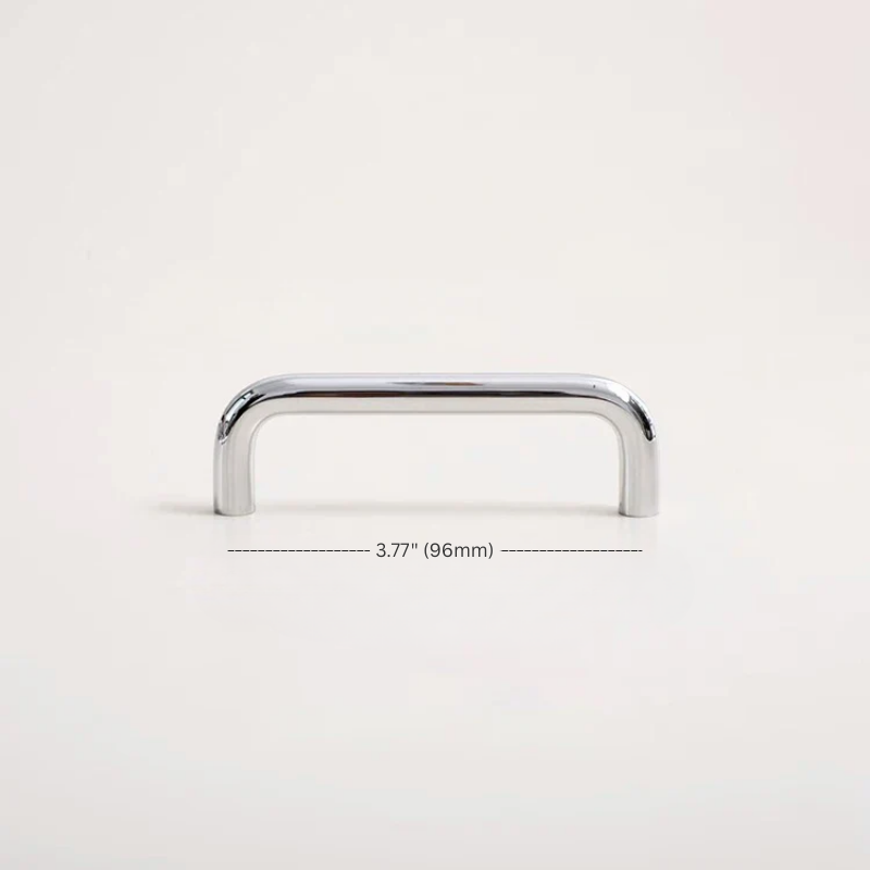 Chrome cabinet handle on a white background with dimensions displayed