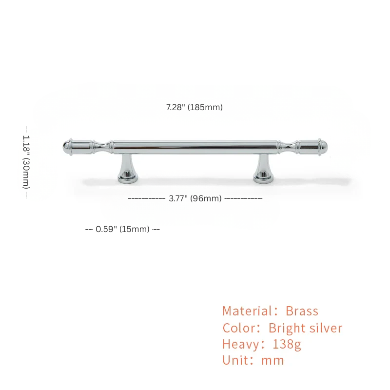 Measurement chart of a brass handle with dimensions and material details on a white background