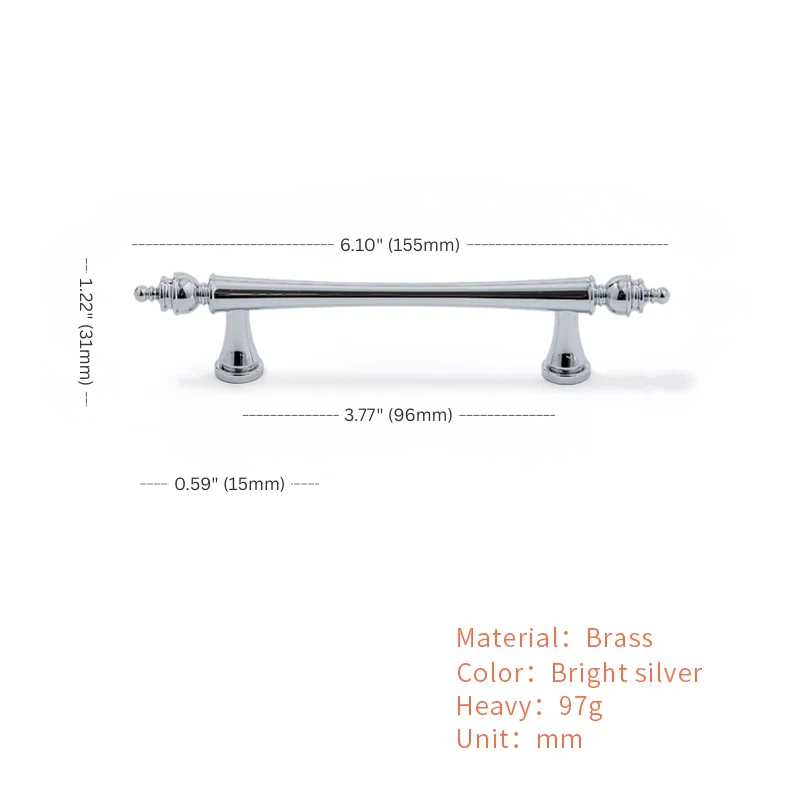 Measurement chart of a brass cabinet handle with dimensions and material details.
