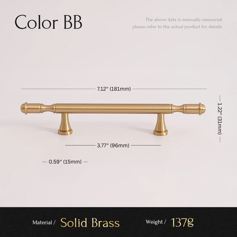 Gold cabinet handle with measurements on a light gray background