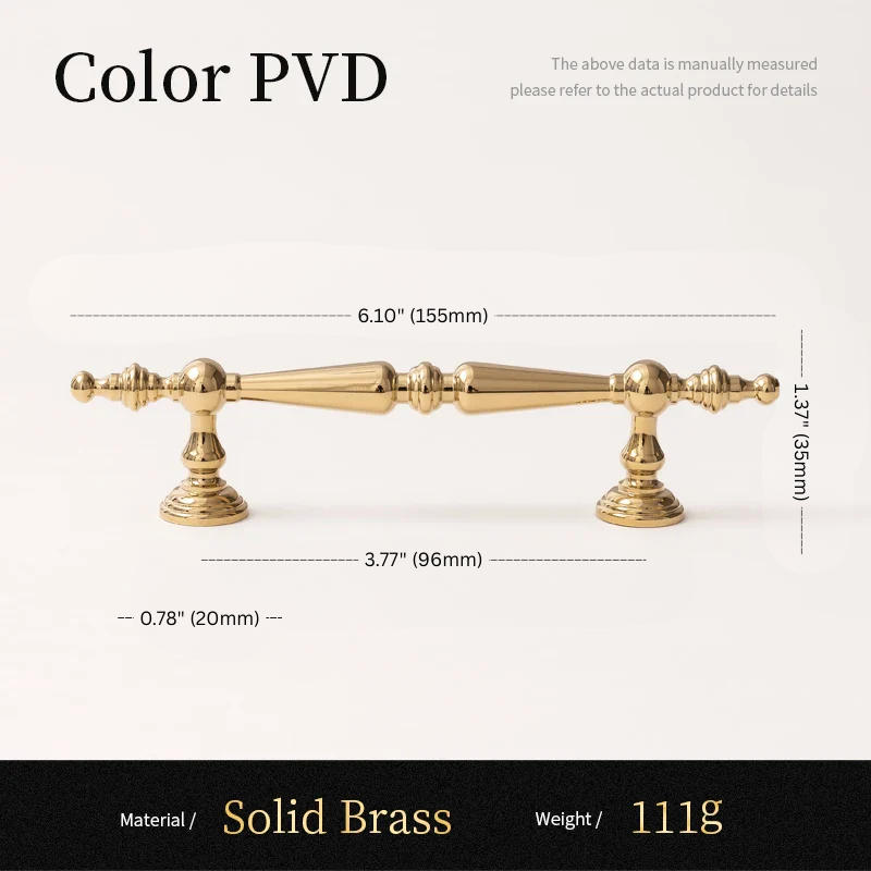 Gold cabinet handle with measurements on a white background
