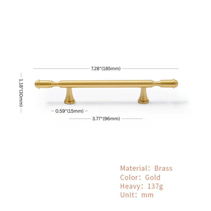 Gold cabinet handle with dimensions and material details on a white background