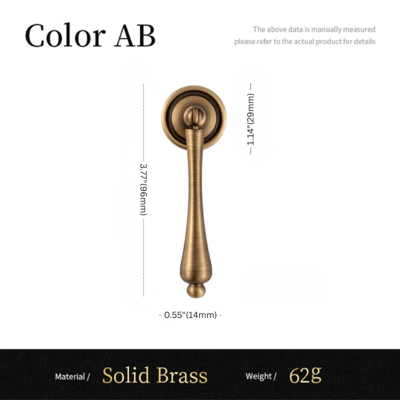 Solid brass door handle with dimensions and material details on a white background