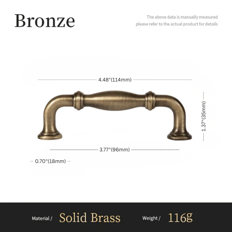 Bronze cabinet handle with dimensions and material details on a white background