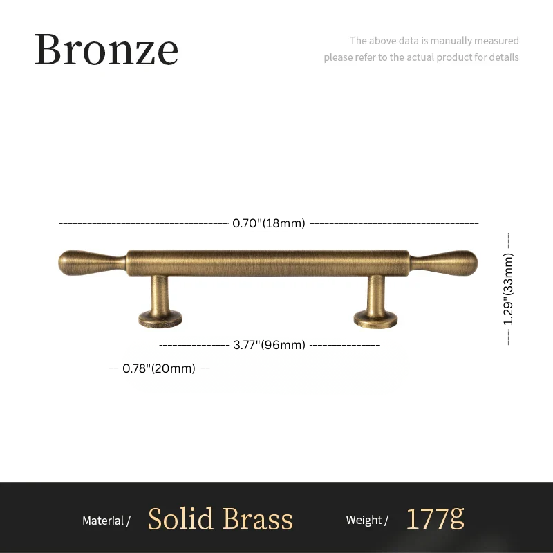 Bronze cabinet handle with dimensions and material details on a white background