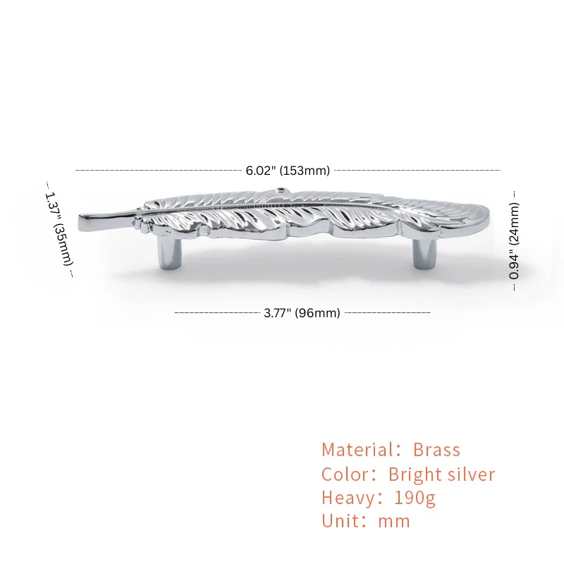 Brass leaf-shaped object with dimensions and material details on a white background