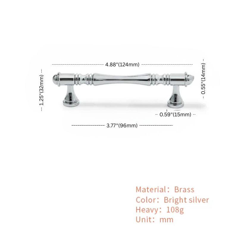 Cabinet handle with dimensions and material details on a white background