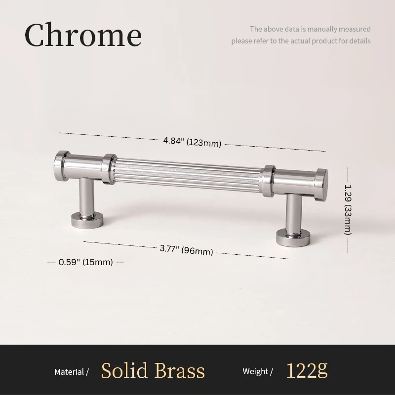 Chrome cabinet handle with dimensions and material details on a light background