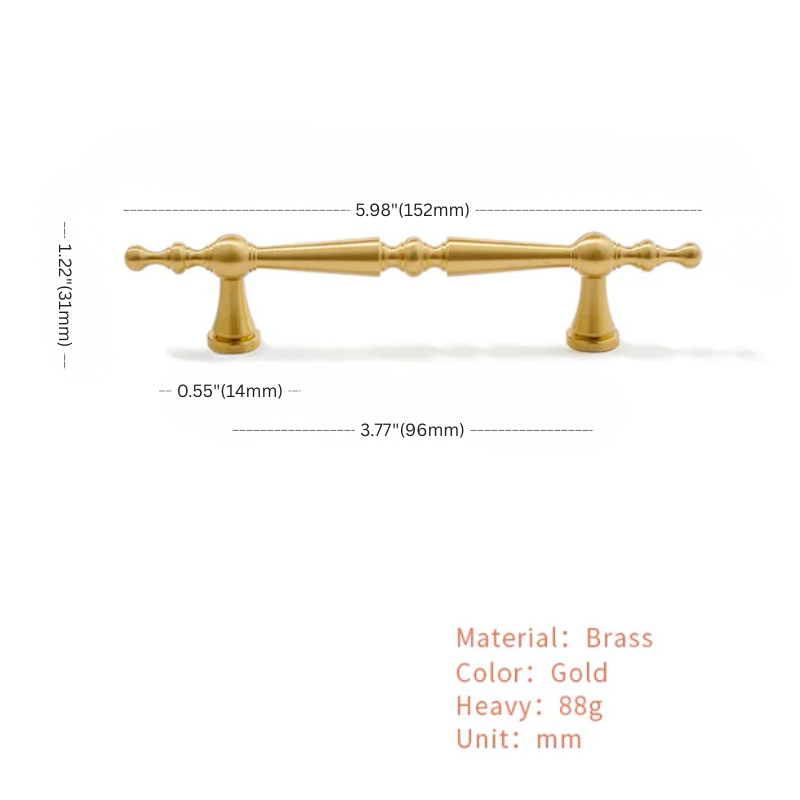 Gold cabinet handle with dimensions and material details on a white background