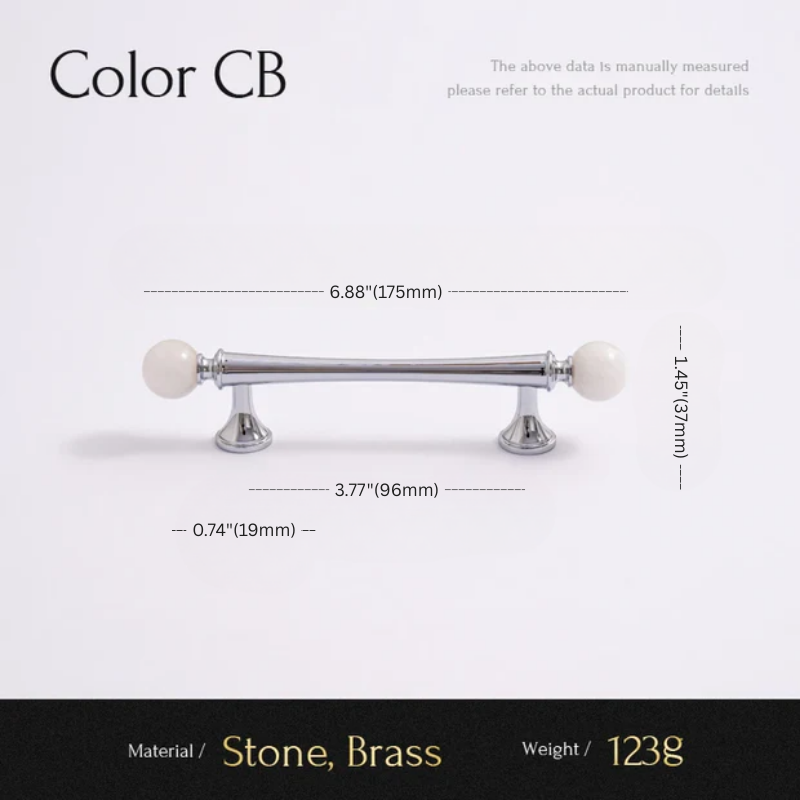 Measurement chart of a cabinet handle with dimensions and material details on a white background.