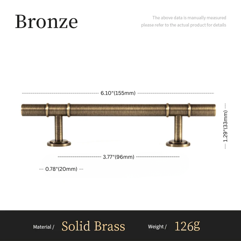 Bronze cabinet handle with dimensions and material details on a white background