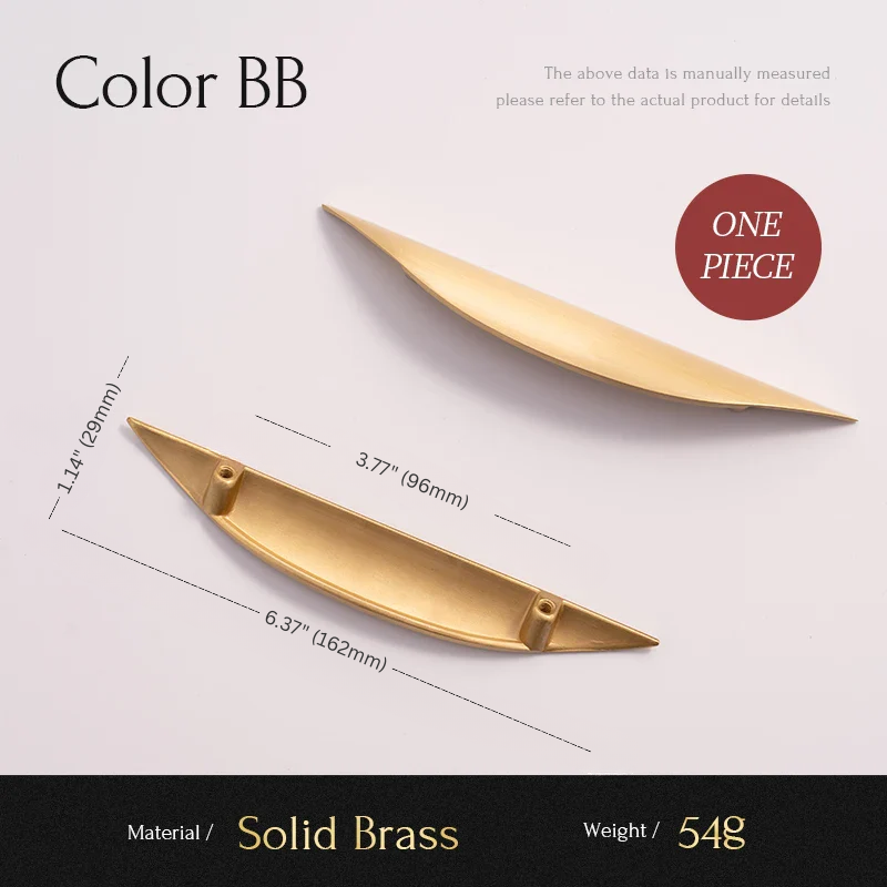 Gold cabinet handle with dimensions on a light gray background