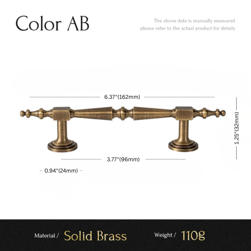 Measurement chart of a solid brass fixture with dimensions and material details.