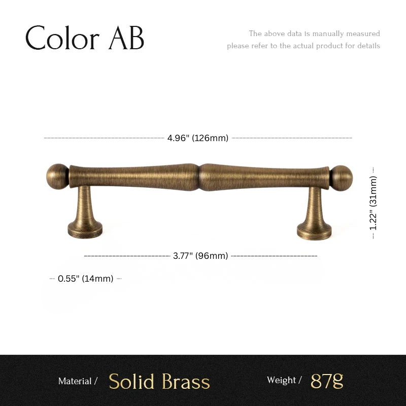 Brass cabinet handle with dimensions and material details on a white background