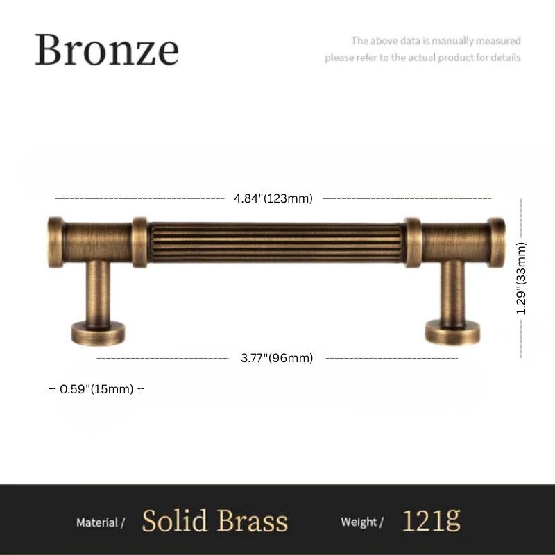 Bronze cabinet pull with dimensions and material details on a white background