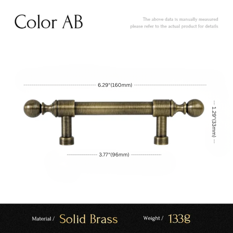 Solid brass cabinet handle with measurements on a white background