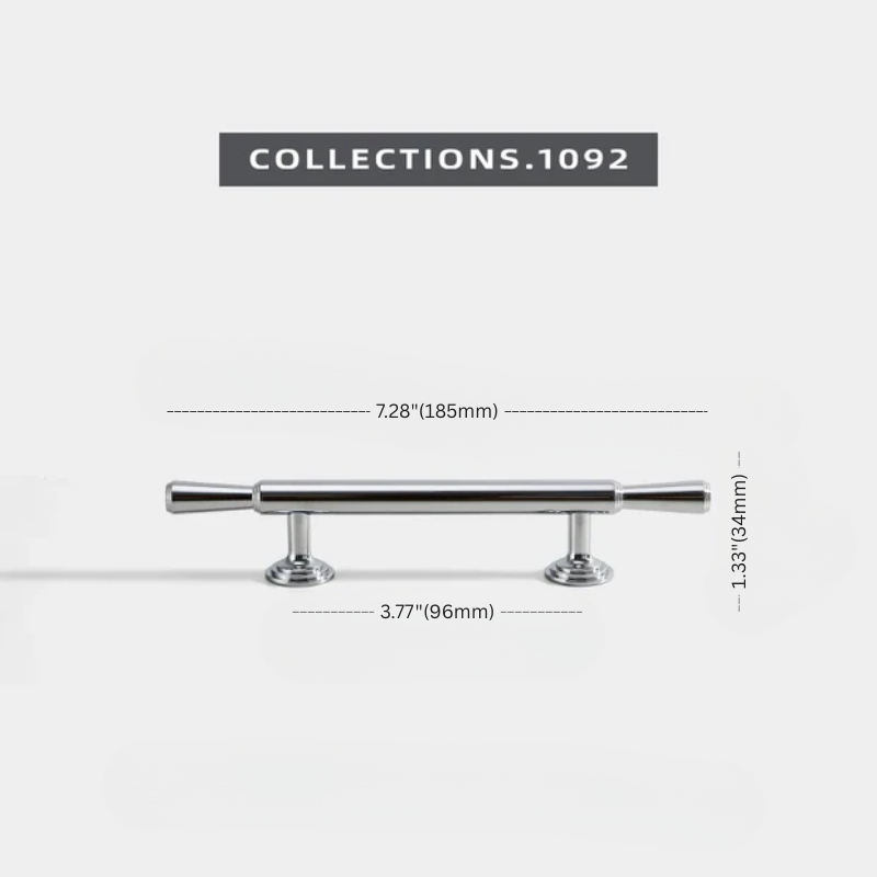 Metal handle with dimensions on a white background