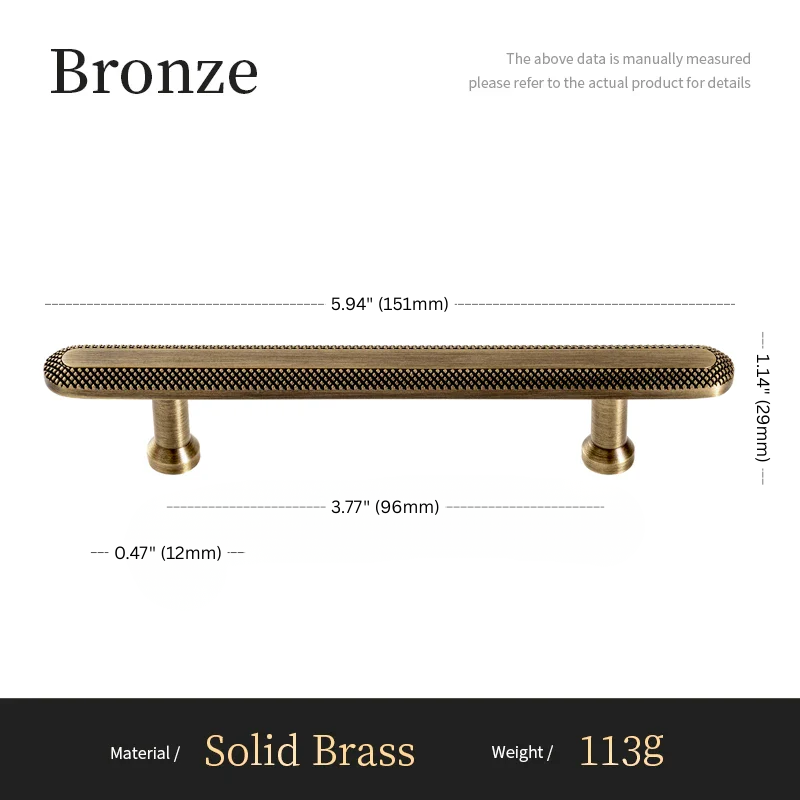 Measurement chart of a bronze cabinet handle with dimensions and material details.