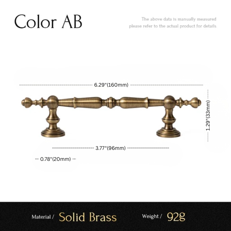 Solid brass cabinet handle with dimensions and material details on a white background