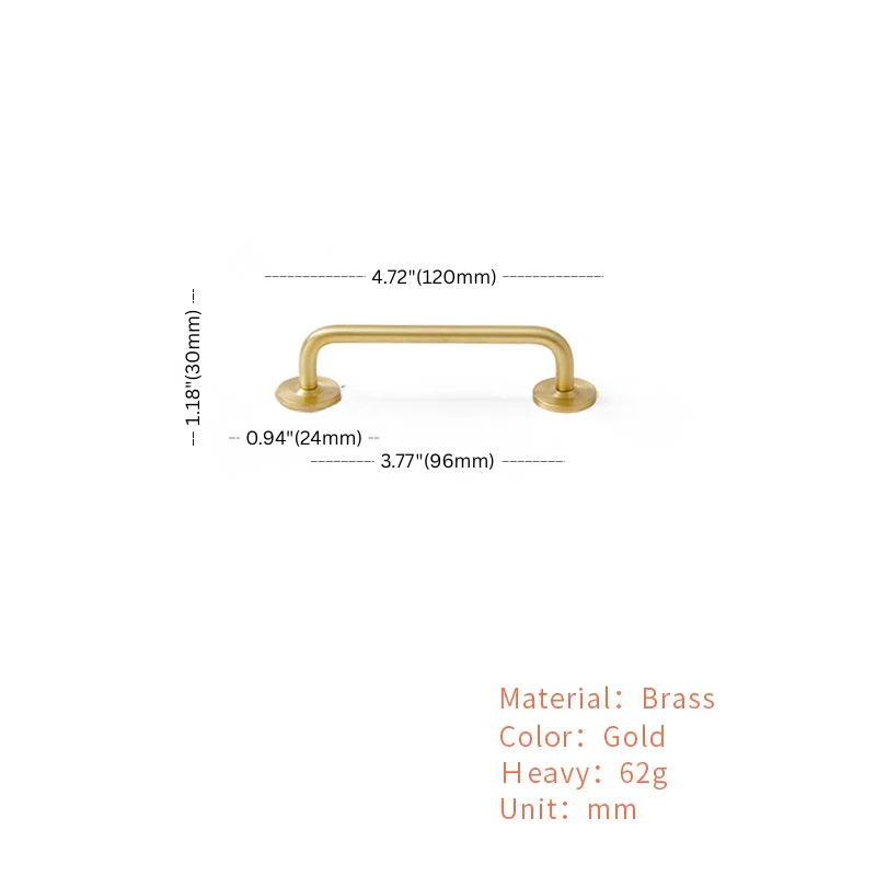 Gold cabinet handle with dimensions and material details on a white background