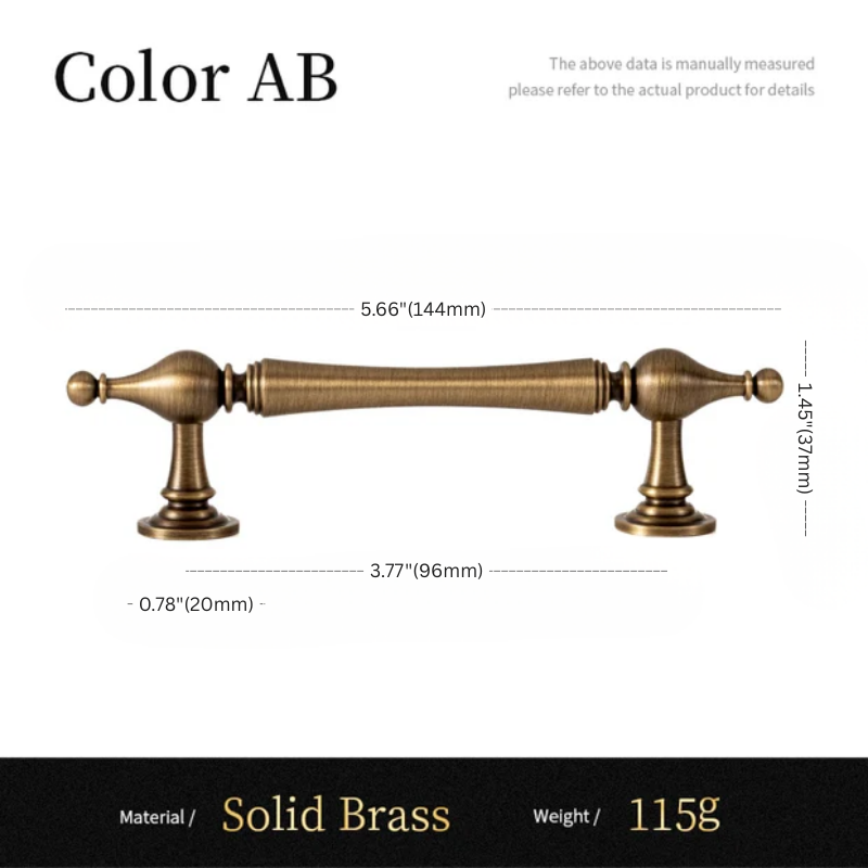 Measurement chart of a solid brass cabinet handle with dimensions and material details.