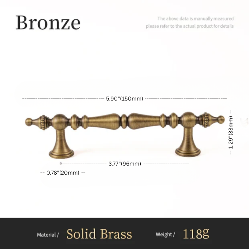 Bronze cabinet handle with dimensions and material details on a white background