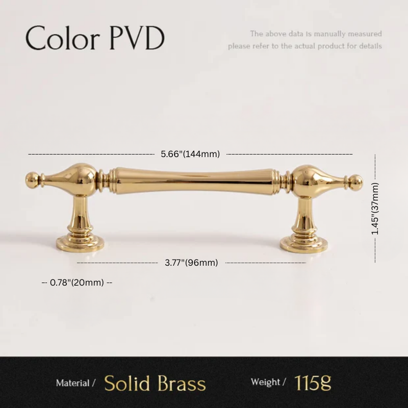 Solid brass handle with dimensions and material details on a white background