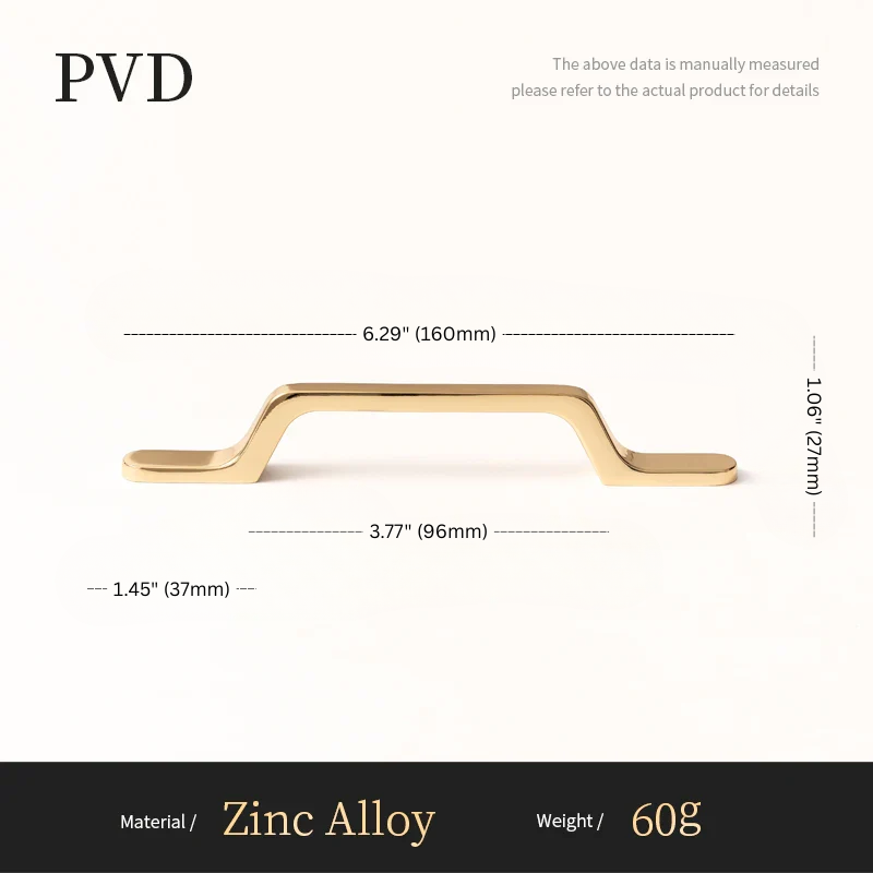 Gold cabinet handle with dimensions and material information on a white background