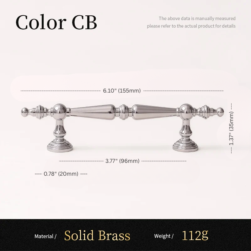 Solid brass cabinet handle with dimensions and material details on a white background