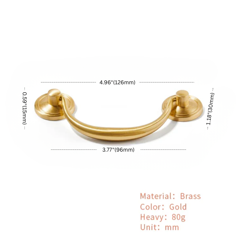 Gold cabinet handle with dimensions and material details on a white background