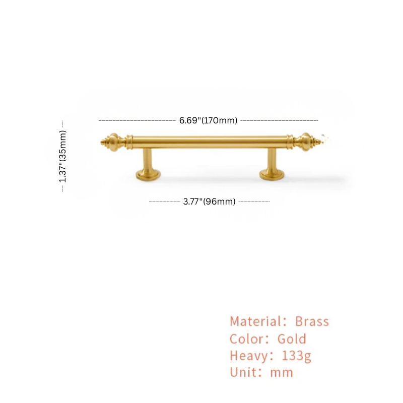 Gold cabinet handle with dimensions and material details on a white background