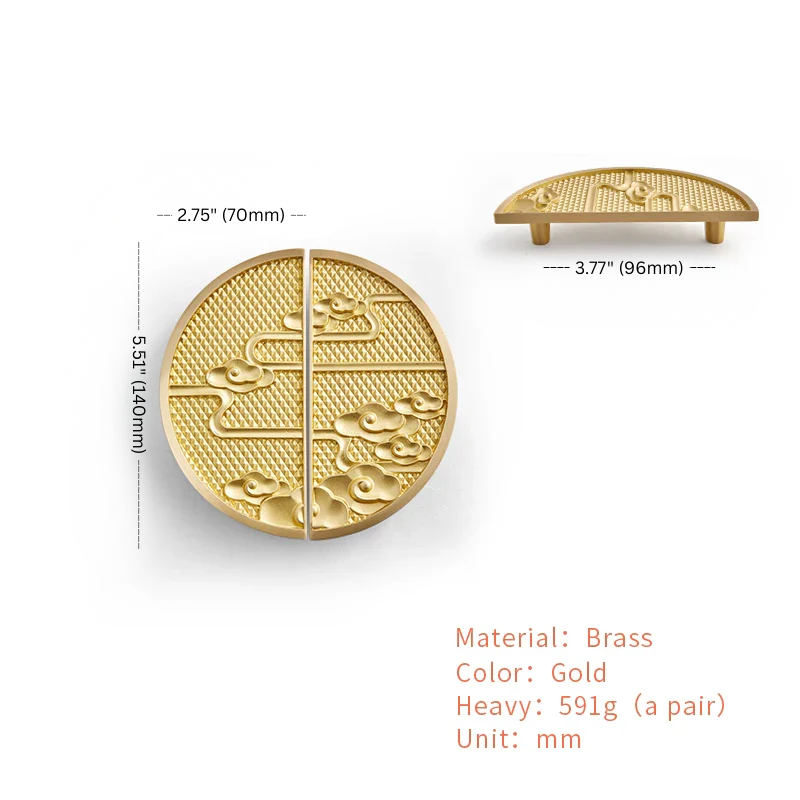 Gold decorative item with measurements and material details on a white background