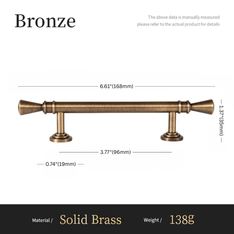 Measurement chart of a bronze curtain rod with dimensions and material details.