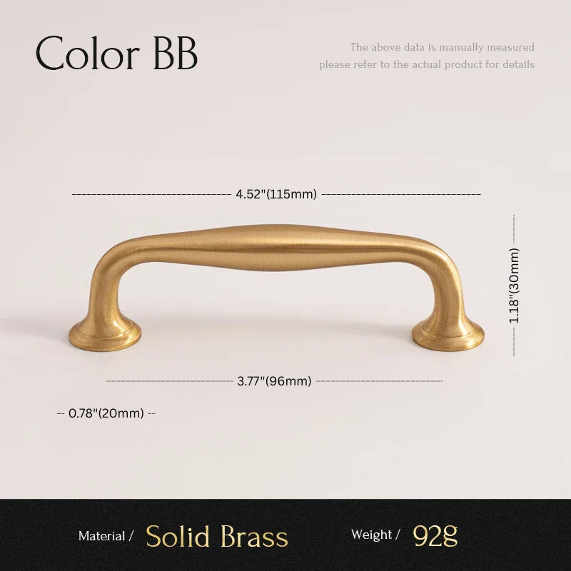 Gold cabinet handle with dimensions and material details on a light background