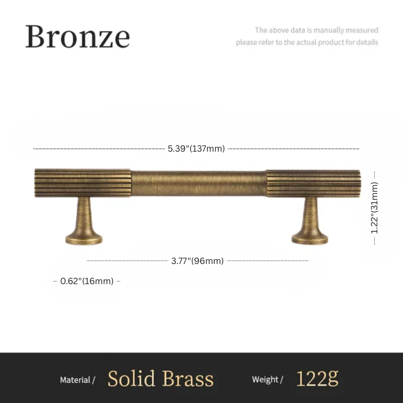 Bronze cabinet handle with dimensions on a white background