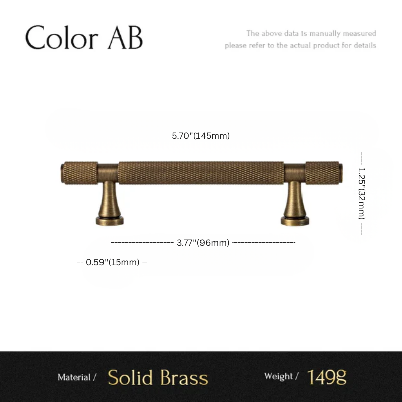 Brass cabinet handle with dimensions and material details on a white background