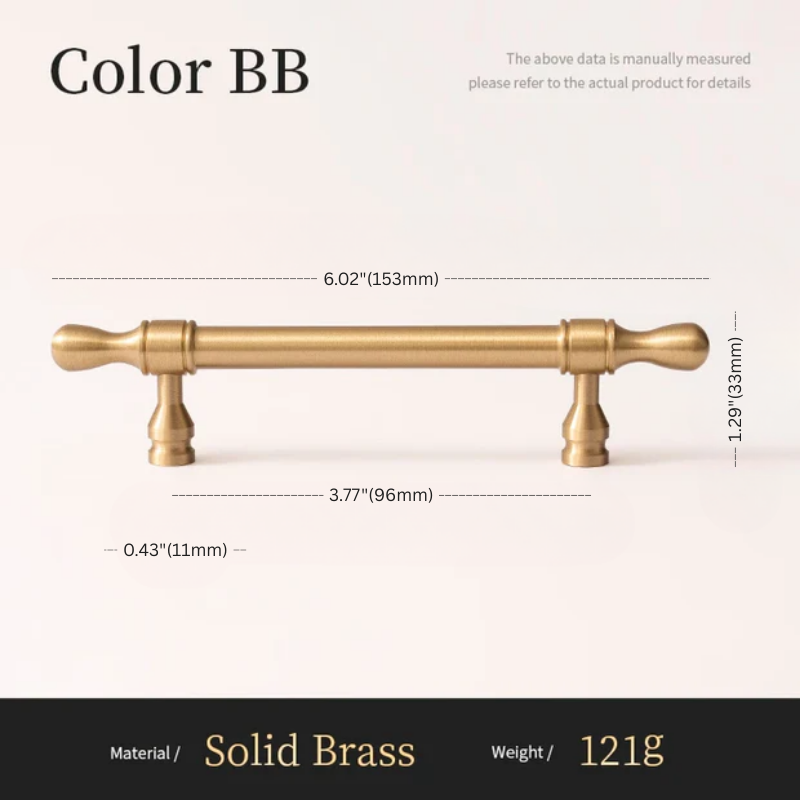 Solid brass cabinet handle with dimensions and material details on a white background