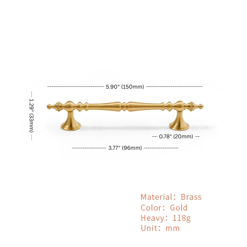 Gold cabinet pull with dimensions and material details on a white background